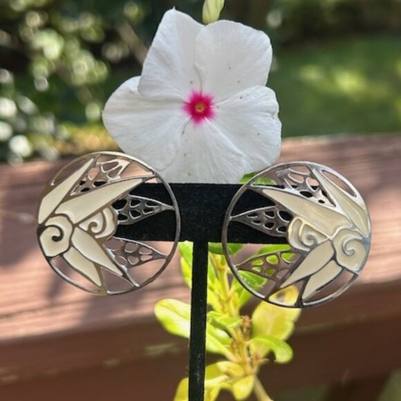 EDGAR BEREBI Cream Enamel Silver Round EARRINGS - Picture 5 of 8